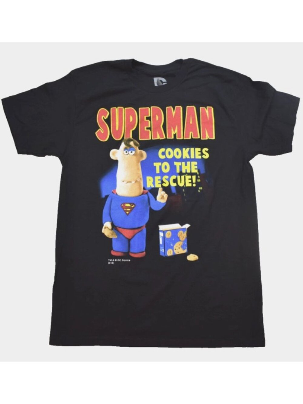 DC Comics Superman Mens Black Shirt Cookies to the Rescue Aardman Style NEW S-XL